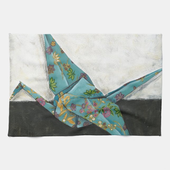 Origami Crane with Floral Designs Tea Towel (Horizontal)