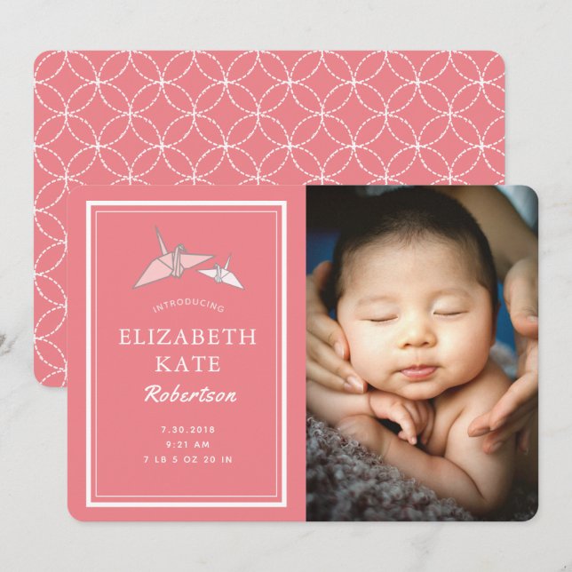 Origami Cranes Photo Pink Birth Announcement Card (Front/Back)