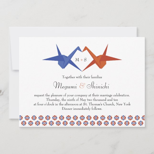 Origami Cranes Wedding (Blue - Burnt Orange) Invitation (Front)