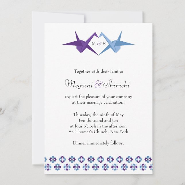 Origami Cranes Wedding (Purple + C Blue) Invitation (Front)