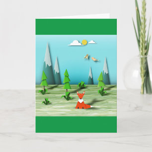 Origami Forest Scene with Fox Mountains and Birds  Card