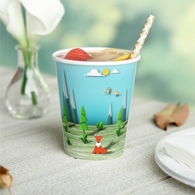 Origami Forest Scene with Fox Mountains and Birds  Paper Cups (Creator Uploaded)