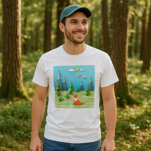 Origami Forest Scene with Fox Mountains and Birds T-Shirt