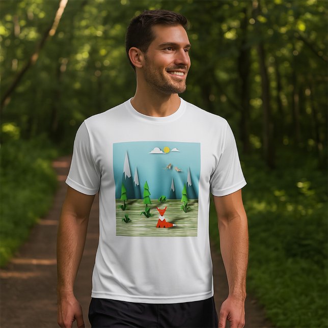 Origami Forest Scene with Fox Mountains and Birds  T-Shirt (Creator Uploaded)