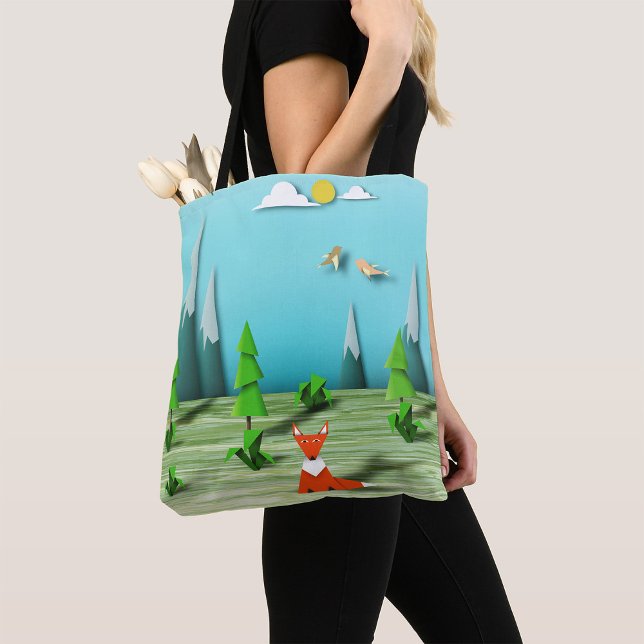 Origami Forest Scene with Fox Mountains and Birds  Tote Bag (Creator Uploaded)