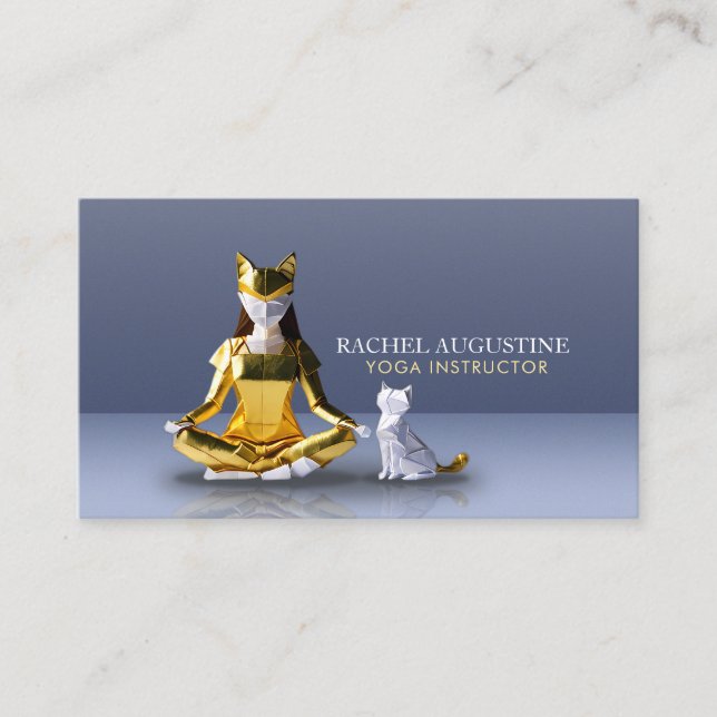 Origami Gold Foil Yoga Meditating Catwoman and Cat Business Card (Front)