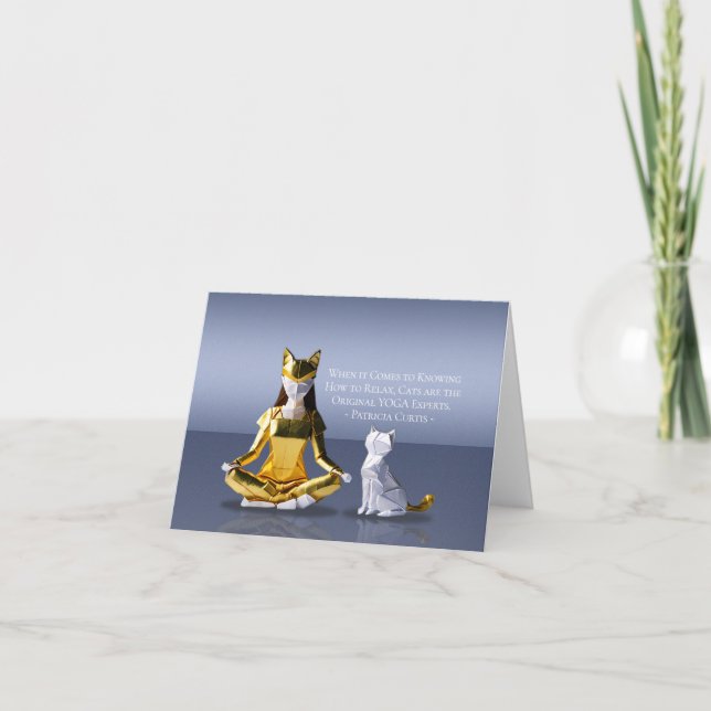 Origami Gold Foil Yoga Meditating Catwoman and Cat Card (Front)