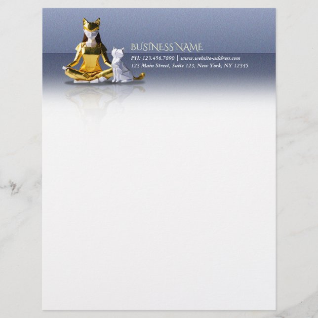 Origami Gold Foil Yoga Meditating Catwoman and Cat Custom Letterhead (Front)
