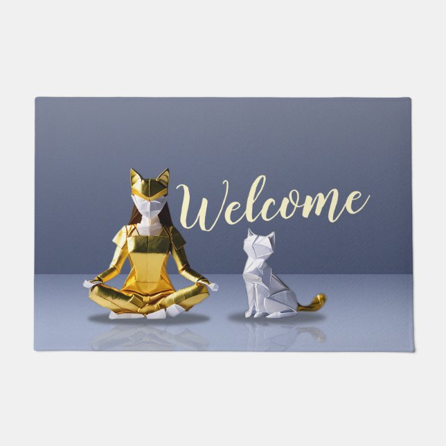 Origami Gold Foil Yoga Meditating Catwoman and Cat Doormat (Front)