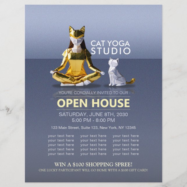 Origami Gold Foil Yoga Meditating Catwoman and Cat Flyer (Front)