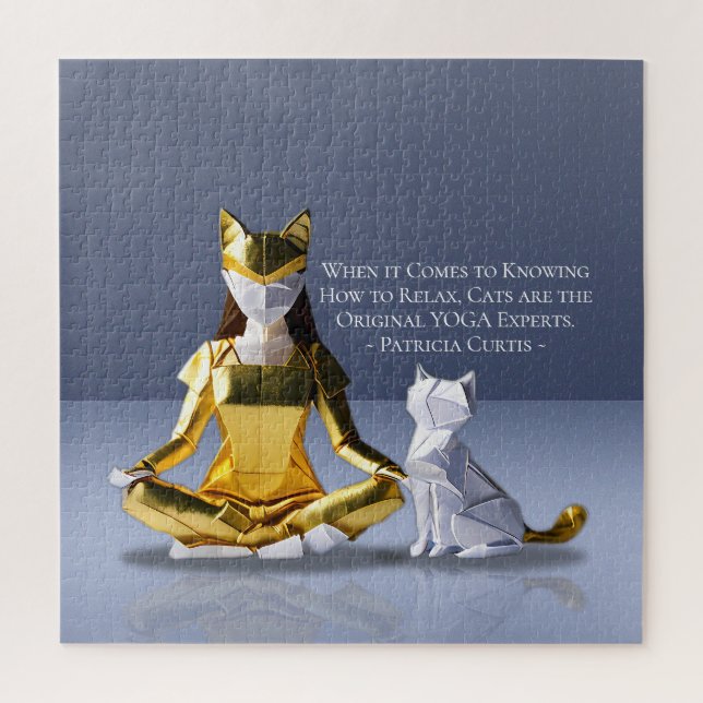 Origami Gold Foil Yoga Meditating Catwoman and Cat Jigsaw Puzzle (Vertical)