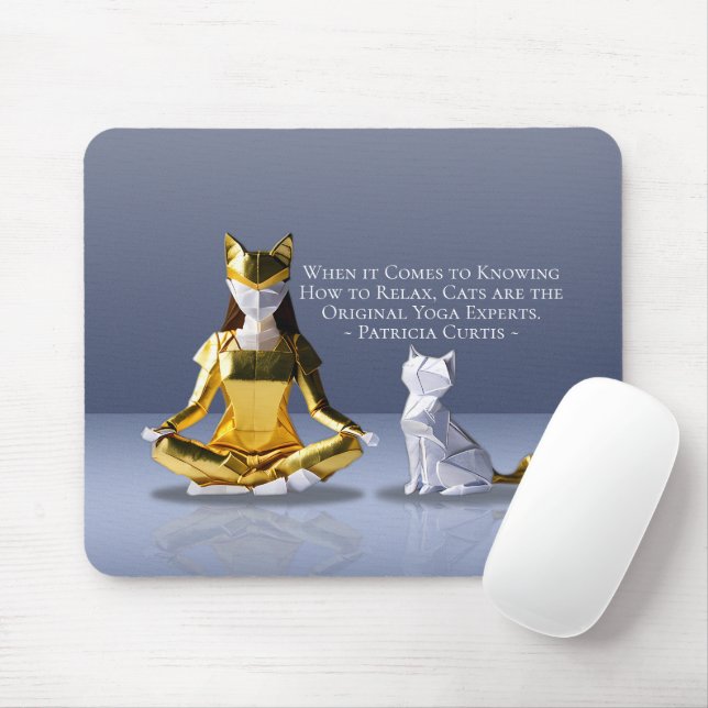 Origami Gold Foil Yoga Meditating Catwoman and Cat Mouse Pad (With Mouse)