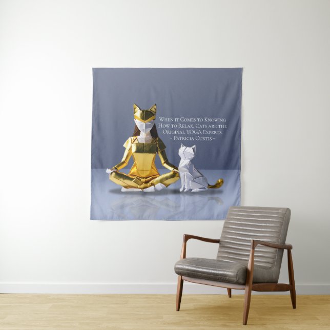 Origami Gold Foil Yoga Meditating Catwoman and Cat Tapestry (In Situ)