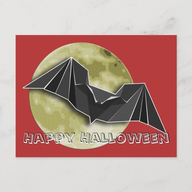 Origami Paper Bat with Full Blue/Yellow/Brown Moon Postcard (Front)