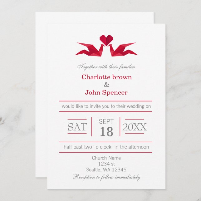 origami red cranes wedding invitations (Front/Back)