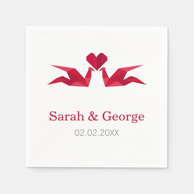 origami red cranes Wedding personalised napkins (Front)