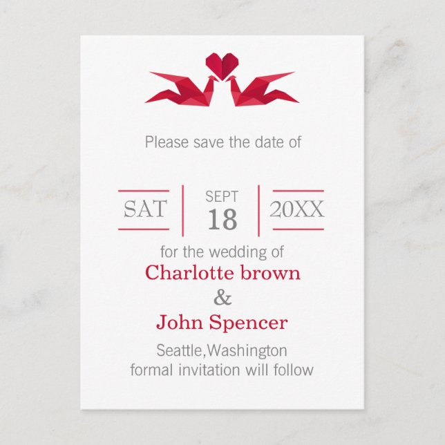 origami red cranes wedding save the dates announcement postcard (Front)