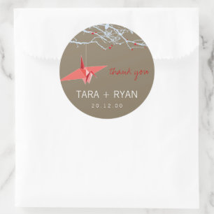 Origami Red Paper Crane On Branches Asian Wedding Classic Round Sticker