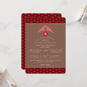 Origami Red Paper Cranes Scallop 囍 Asian Wedding Invitation