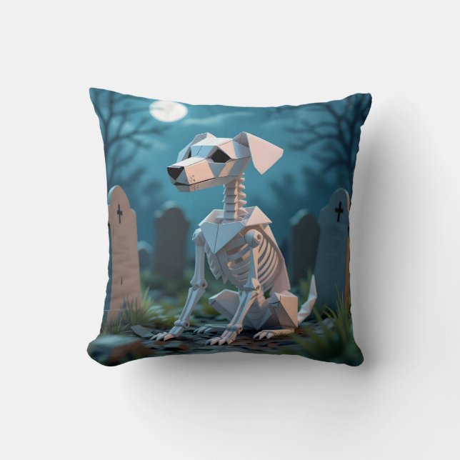 Origami Spooky Skeleton Dog Halloween Throw Pillow (Front)