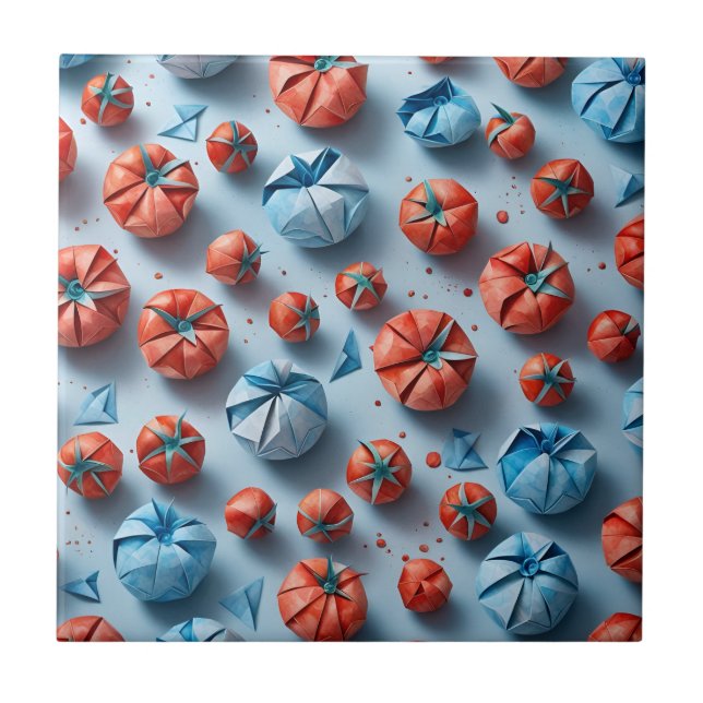 Origami Tomatoes Pattern Red Blue Tile (Front)