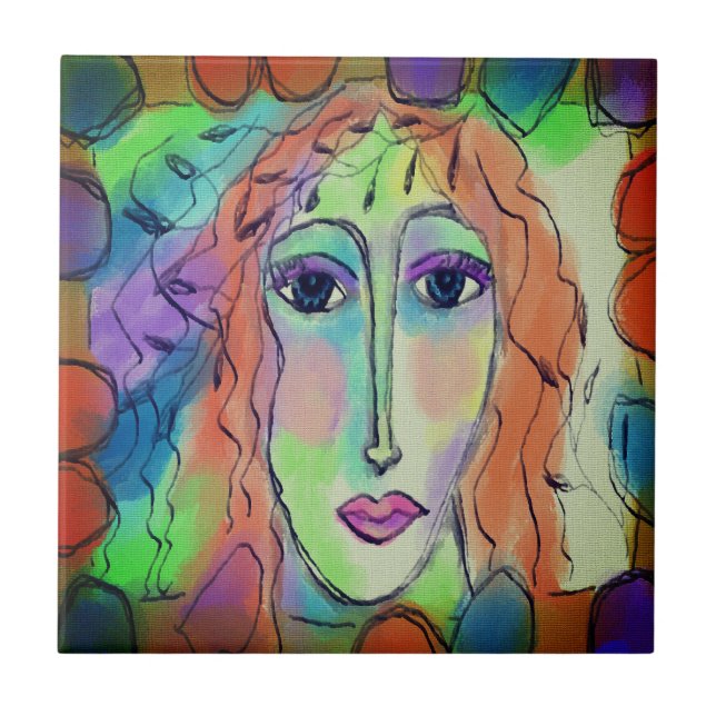 Original Abstract Digital Portrait of a Woman Tile (Front)