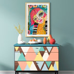 Original Art Colourful Abstract Whimsical Pink Gir Poster<br><div class="desc">This colourful mixed media original art piece features a quirky,  whimsical girl with bright pink hair on a colourful abstract background of dusty blue and tangerine orange with pink,  yellow,  and green half circle shapes and black and white stripes and an assortment of doodles.</div>