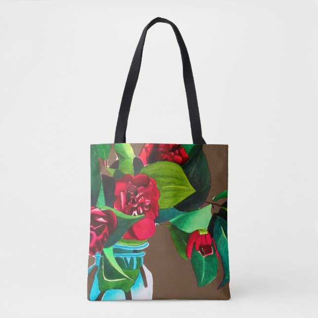 Original art red camellia flowers watercolor tote bag (Front)
