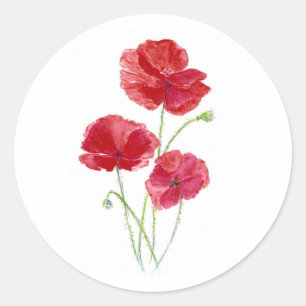 Original Art Watercolor Garden Flower Red Poppy Classic Round Sticker