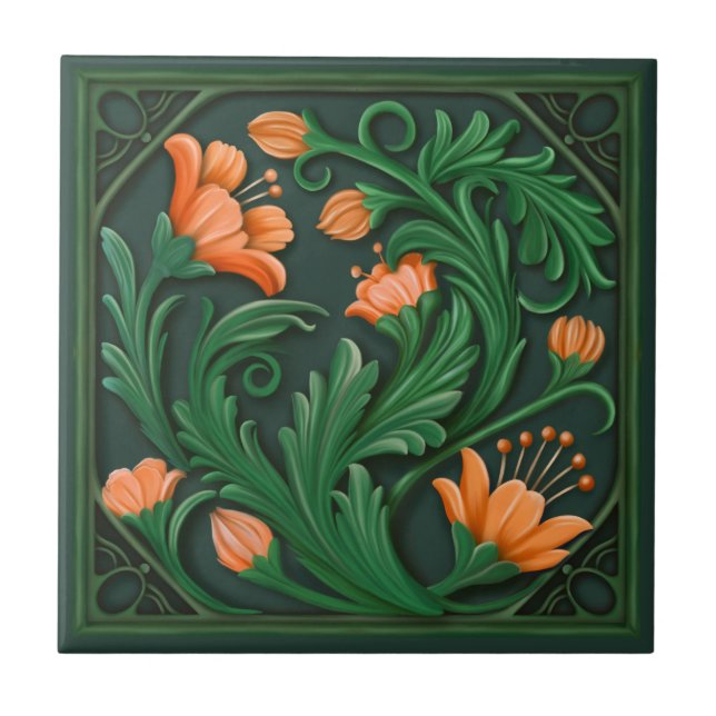 Original Artwork Green and Orange Flowers  Tile (Front)