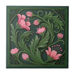 Original Artwork Green and Pink Flowers Tile