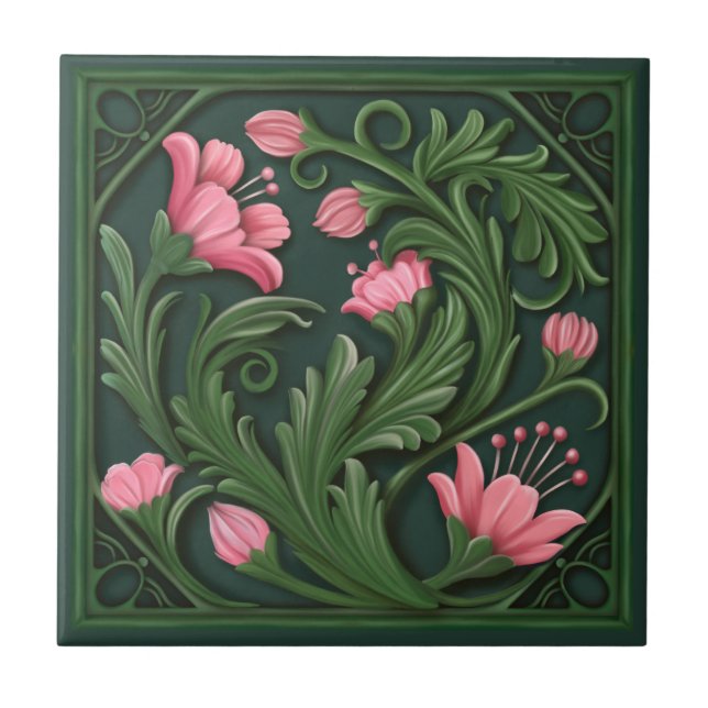 Original Artwork Green and Pink Flowers  Tile (Front)