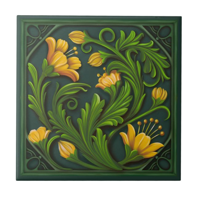 Original Artwork Green and Yellow Flowers  Tile (Front)
