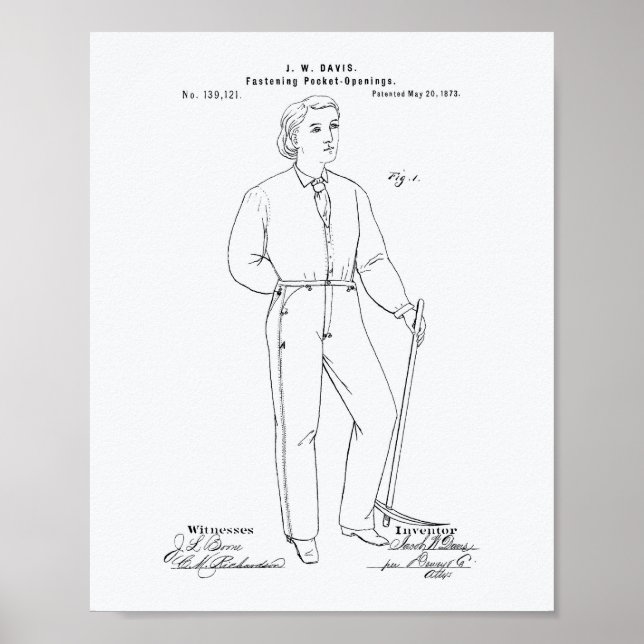 Original Blue Jeans 1873 Patent Art  White Paper Poster (Front)