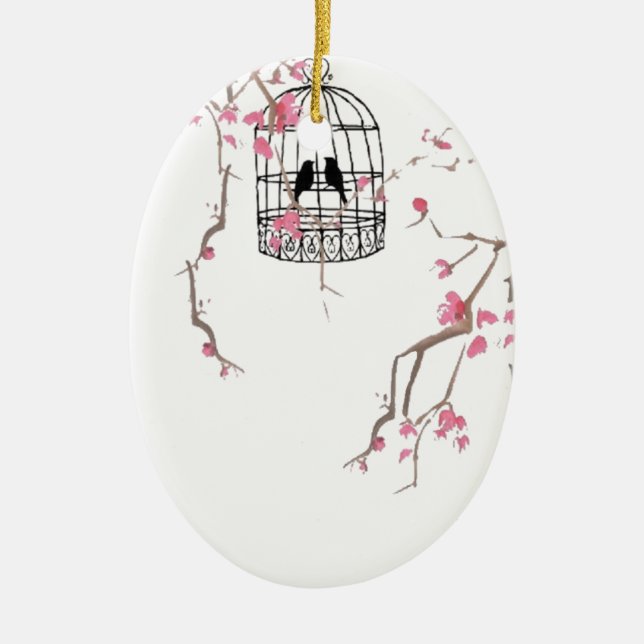 Original cherry blossom birdcage artwork ceramic tree decoration (Front)