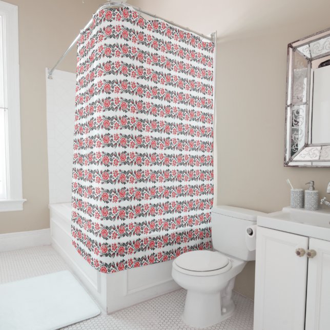 Original cross-stitch red rose flowers pattern shower curtain (In Situ)