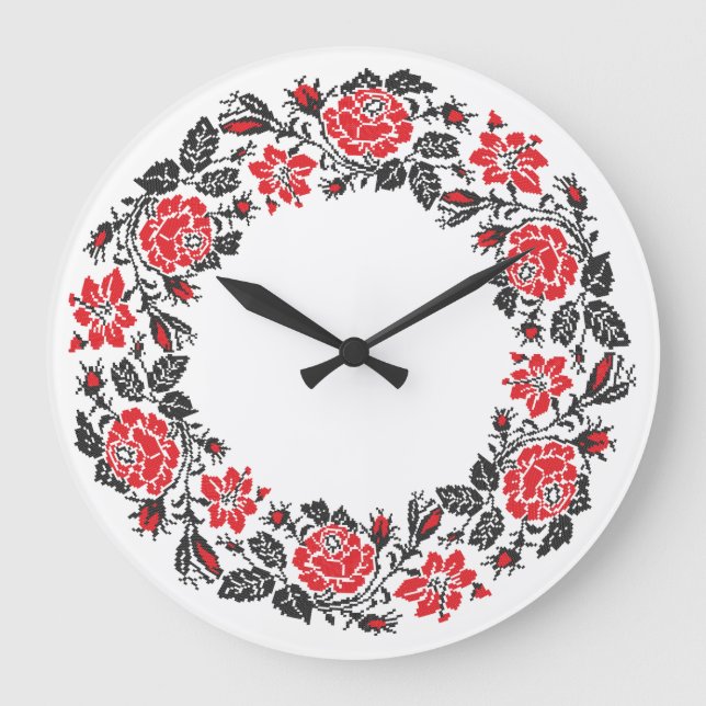 Original Cross-stitch Red Roses Circle pattern Large Clock (Front)