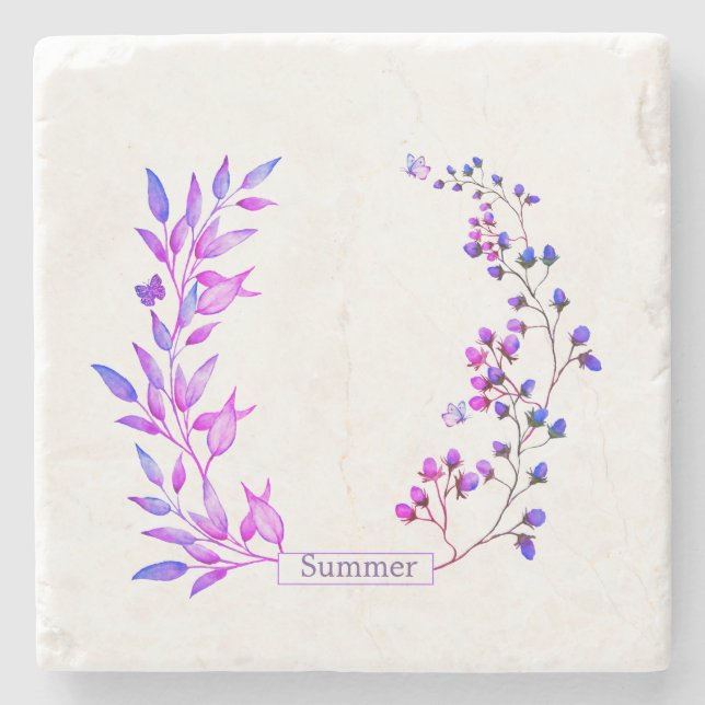 Original design of purple flowers and branches stone coaster (Front)