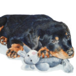 original dog portrait of rottweiler puppy dog pocket watch<br><div class="desc">This cute puppy rottweiler is cuddling up to his cuddly mouse/teddy toy, he looks like he's enticing someone to snuggle up with him, those big pleading puppy rotty eyes certainly show everyone what big softies rottweilers are. This adorable puppy rottweiler painting looks great on this pocket watch and makes a...</div>