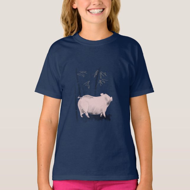 Original Drawing Pig and Bamboos Girl Shirt (Front)