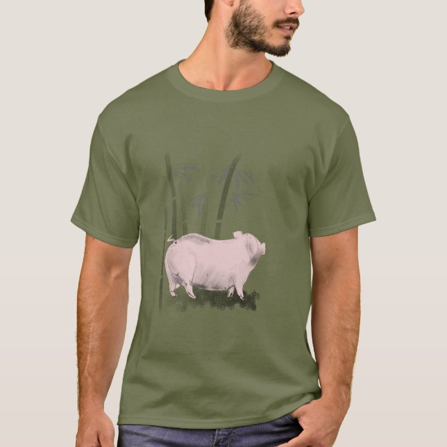 Original Drawing Pig and Bamboos man Tee (Front)