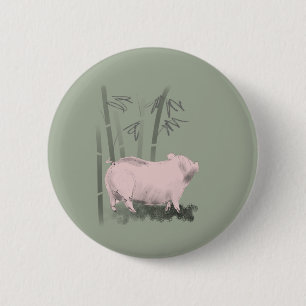 Original Drawing Pig and Bamboos Round Button