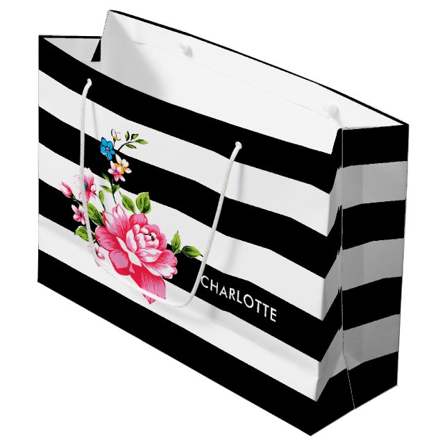 Original Elegant Black and white stripes pattern Large Gift Bag (Front Angled)