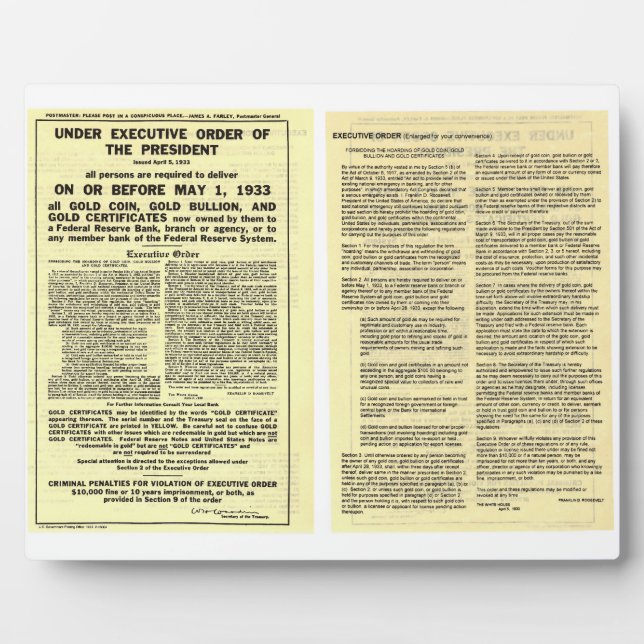 ORIGINAL Executive Order 6102 April 5 1933 Plaque (Front)