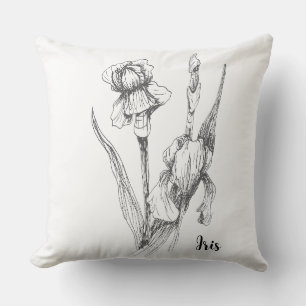 Original Hand Drawing, Iris Flower, Fine Art Cushion