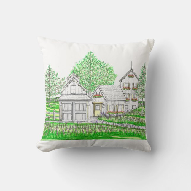 Original Hand Drawn Farm and Barn Pillow (Front)