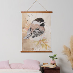 Original Hand painted Watercolor Chickadee Bird Hanging Tapestry