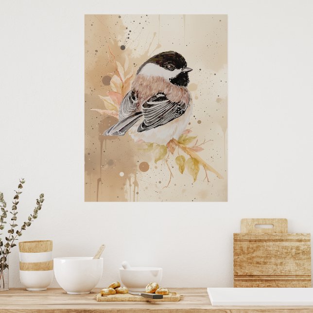 Original Hand painted Watercolor Chickadee Bird Poster (Kitchen)