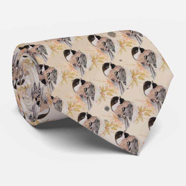 Original hand painted Watercolor Chickadee Bird Tie (Rolled)