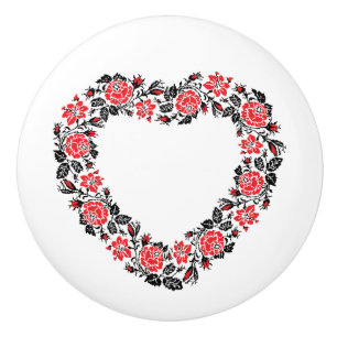 Original Heart of cross-stitch red rose flowers Ceramic Knob